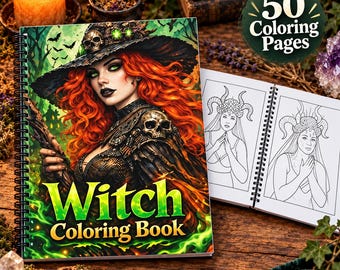 May include: A spiral-bound coloring book titled Witch Coloring Book featuring a vibrant illustration of a witch with long red hair, a skull-adorned hat, and green accents. The open book displays black and white line art of a horned figure.
