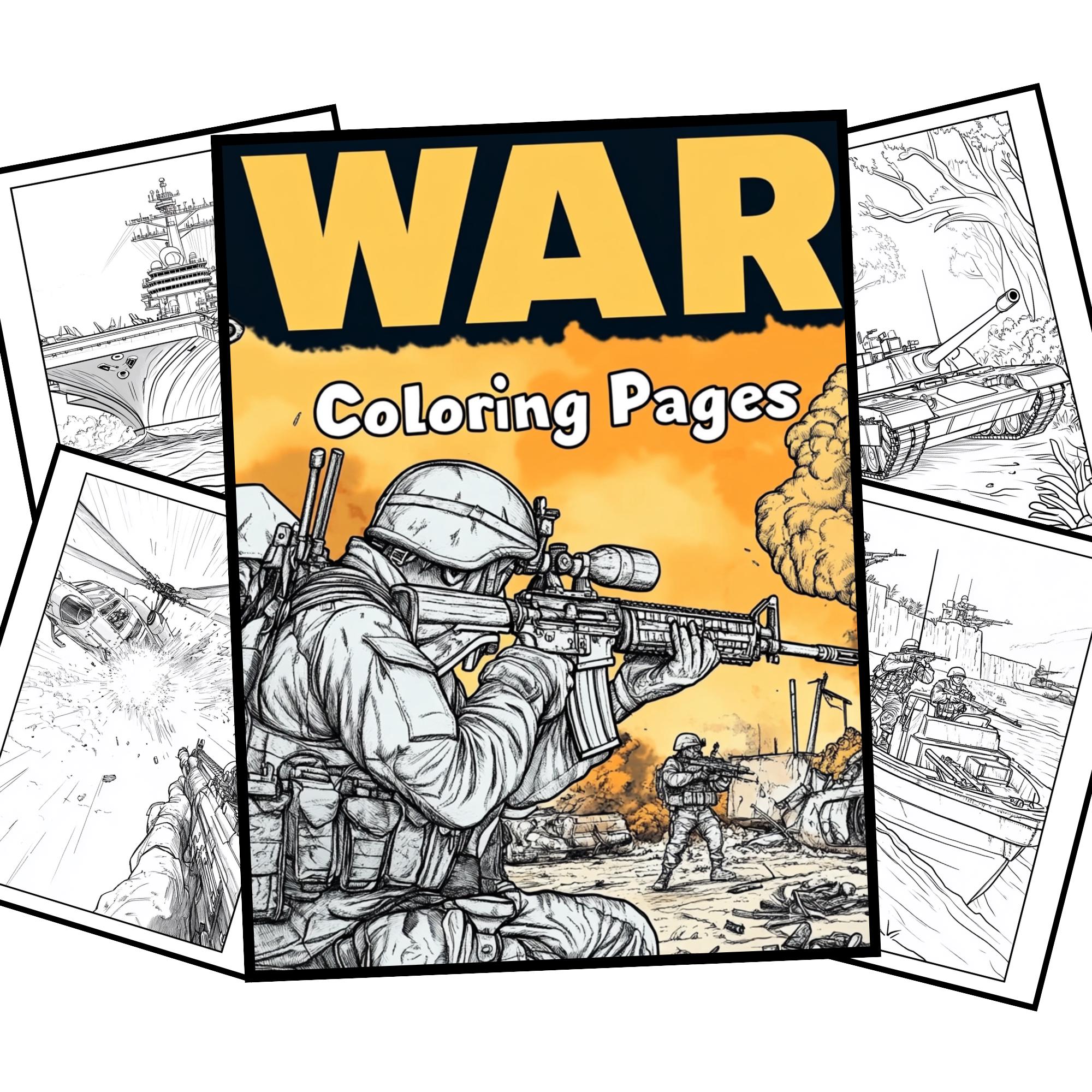 Páginas de colorear de guerra para adultos | Libro de colorear militar digital | Tanques, camiones del ejército y escenas de combate