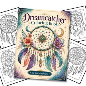 以下が含まれることがあります： Dreamcatcher Coloring Bookと題された50 Coloring Pages入りの塗り絵。表紙には、カラフルな花、羽、ビーズ、金色の三日月で飾られたティールカラーのドリームキャッチャーの精巧なイラストが、クリーム色の背景に描かれています。