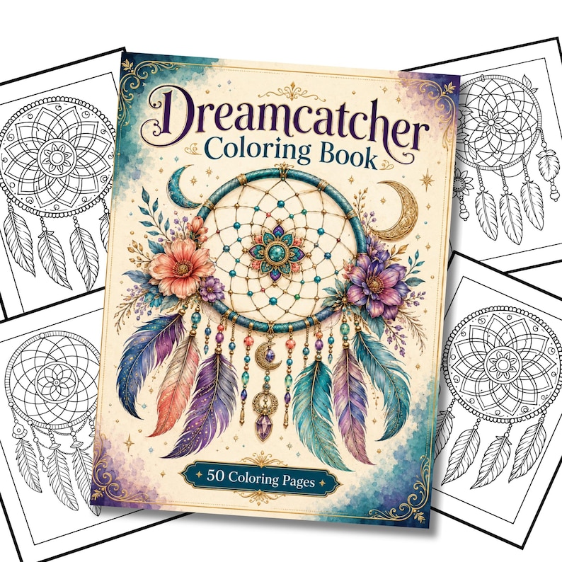 以下が含まれることがあります： Dreamcatcher Coloring Bookと題された50 Coloring Pages入りの塗り絵。表紙には、カラフルな花、羽、ビーズ、金色の三日月で飾られたティールカラーのドリームキャッチャーの精巧なイラストが、クリーム色の背景に描かれています。