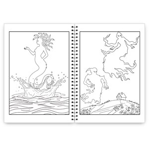 May include: A spiral-bound coloring book open to two pages with line drawings. One page features a Medusa-like figure emerging from water. The other page shows two ghost-like figures and a small house on a hill.