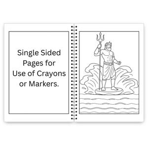 May include: A spiral-bound coloring book open to two pages. The left page has the text "Single Sided Pages for Use of Crayons or Markers." The right page features a line drawing of a man with a trident standing on waves.