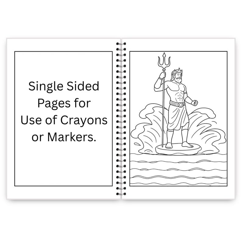 May include: A spiral-bound coloring book open to two pages. The left page has the text "Single Sided Pages for Use of Crayons or Markers." The right page features a line drawing of a man with a trident standing on waves.