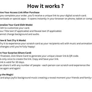 May include: A white graphic with the text "How it works?" and numbered steps explaining the process of using a digital scratch card. The steps include receiving a link, personalizing the card, previewing, sharing, and enjoying the experience.