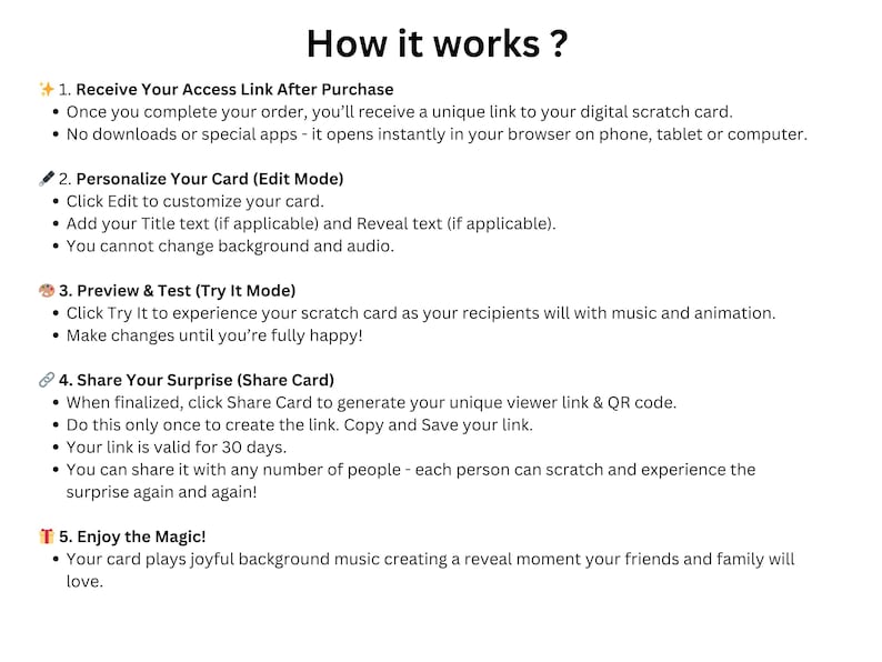May include: A white graphic with the text "How it works?" and numbered steps explaining the process of using a digital scratch card. The steps include receiving a link, personalizing the card, previewing, sharing, and enjoying the experience.