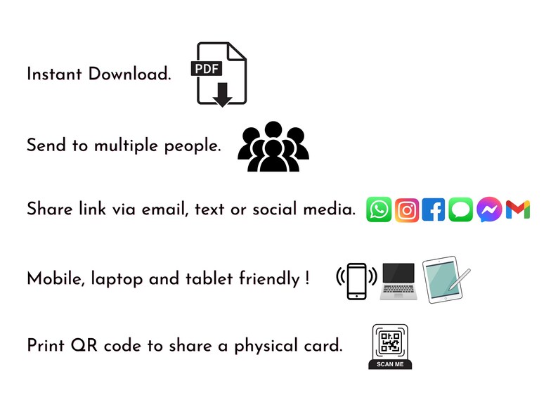 May include: White graphic with text: "Instant Download," a PDF icon, and icons for sharing via email, text, and social media. Includes icons for mobile, laptop, and tablet compatibility, and a QR code.
