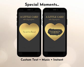 Una pequeña tarjeta con una gran sorpresa, tarjeta rasca y gana digital personalizada, clásica en negro y dorado.