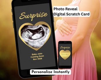Pregnancy Announcement Scratch Card, Ultrasound Photo Reveal Scratch Card, Digital, Instant Download, Gold Heart Surprise