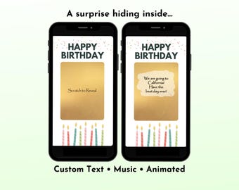 Elegante biglietto gratta e vinci per rivelare un regalo di compleanno, biglietto digitale per festeggiamenti in oro