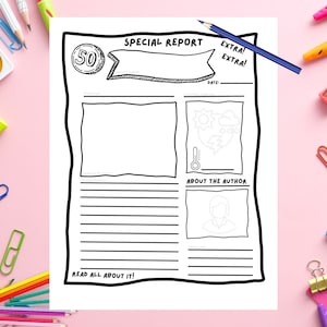 May include: A black and white printable worksheet with a special report template. The template includes sections for a title, date, author, and a large space for writing. The worksheet has a number 50 in a circle at the top left corner and the words "Extra! Extra!" at the top right corner.