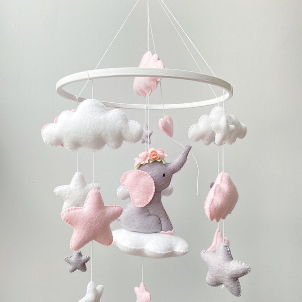 Baby elephant mobile, Elephant mobile, Personalization mobile, Girl mobile, Mobile Nursery, Mobile Felt, Cot mobile