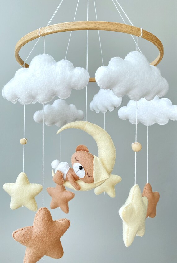 Baby Mobile With Sleeping Bear, Moon, Stars and Clouds, Handmade