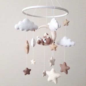 Baby Mobile with Sleeping Bear, Moon, Stars, Clouds, Handmade, Felt, Beige, Gift, BabyShower,travel nursery,,teddy bear,crib cot mobile