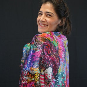 Midsummer&#39;s Slumber/  100% Silk Scarf, Square Scarf with Original Design, 90x90cm, Acrylic Painting, Holiday Gift
