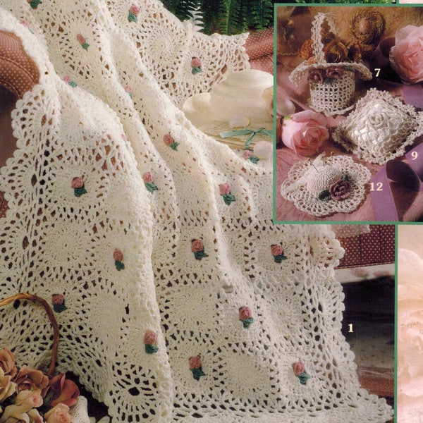 Vintage "Romancing the Rose" Crochet PDF pattern booklet, Blankets, Afghans, Doily, digital download