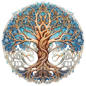 May include: A detailed illustration of a tree of life design. The tree features a brown trunk and branches with blue and gold leaves, enclosed within a circular frame with intricate, swirling patterns. The artwork has a detailed, artistic style.