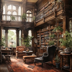 Peut inclure: Une bibliothèque ensoleillée avec une grande fenêtre, des étagères en bois remplies de livres et deux fauteuils confortables. La pièce a une atmosphère chaleureuse et accueillante, idéale pour lire ou se détendre.