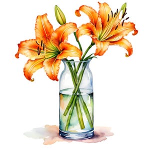 May include: Watercolor painting of orange lilies in a clear glass vase. The lilies have vibrant orange petals with yellow and green accents. The vase is filled with water, and the stems are visible. The artwork is set against a white background.