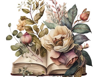 Può includere: Un libro aperto con un'estetica vintage, circondato da un bouquet di fiori delicati in tonalità rosa, bianco e verde. I fiori includono rose, peonie e rametti di verde.