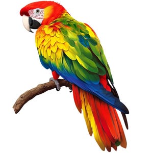 May include: A vibrant macaw parrot perched on a brown branch. The bird features a red head, yellow and green wings, and a blue tail. Its beak is white and black, and it is set against a white background.