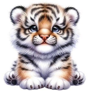 May include: A digital illustration of a tiger cub. The cub has a white and tan coat with black stripes. It has large blue eyes, a pink nose, and white whiskers. The cub is sitting and looking directly at the viewer.