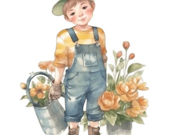 Cross Stitch Wall Decor Watercolor Boy and Flowers PDF counted cross stitch pattern Spring Needlework DIY Gift Instant digital download