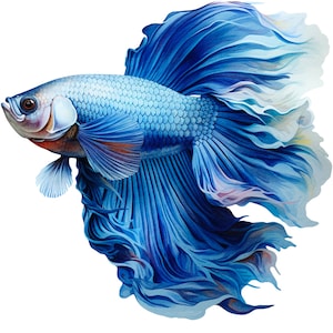 May include: A detailed illustration of a Siamese fighting fish, also known as a Betta fish. The fish features a vibrant blue body with a flowing, fan-like tail and fins in shades of blue and white. The fish has a small head with a dark eye and is set against a white background.