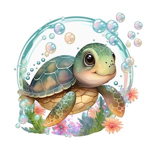 Puede incluir: Una ilustración de dibujos animados de una tortuga marina verde nadando en un círculo de burbujas. La tortuga tiene un caparazón marrón y está rodeada de flores coloridas y algas marinas.