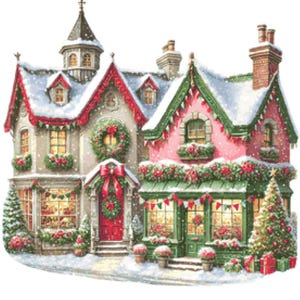 Peut inclure: Une scène de Noël enneigée avec deux maisons décorées. La maison de gauche est un bâtiment de deux étages avec une porte rouge et une couronne sur la façade. La maison de droite est un bâtiment d'un étage avec une porte verte et un sapin de Noël à la fenêtre.