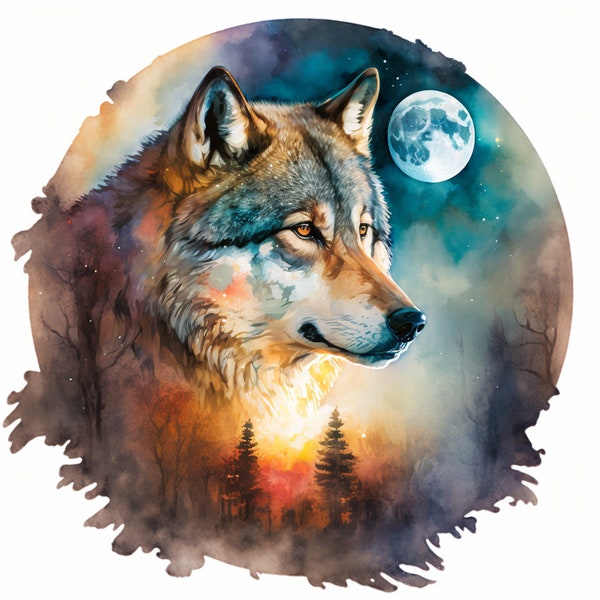 Cross Stitch Watercolor Wolf with moon #22 PDF Counted cross stitch pattern Animal Needlework DIY Gift for her Instant digital download