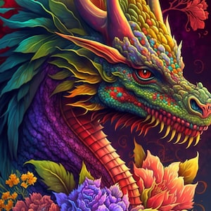Cross Stitch Flower Dragon #A PDF counted cross stitch pattern Fantasy Needlework Full coverage DIY Gift for her Instant digital download