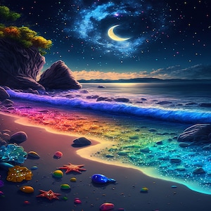 Könnte beinhalten: Ein Halbmond hängt in einem sternenklaren Nachthimmel über einem Strand mit einer regenbogenfarbenen Welle, die an das Ufer kracht. Der Sand ist mit bunten Kieselsteinen und Muscheln bedeckt.