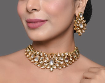 Kundan Inspired Necklace with Earrings: Ethnic Golden Jewelry Set
