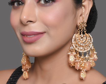 Peach Gold Tone Kundan Inspired Chandbali Earrings, ethnic jewellery , golden kundan earrings, gold plated kundan chandbali, kundan earrings