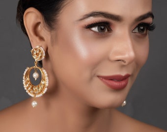 Pearl beaded Kundan Inspired drop earrings, ethnic jewellery ,kundan  earrings , gold plated kundan chandbali, pearl kundan earrings