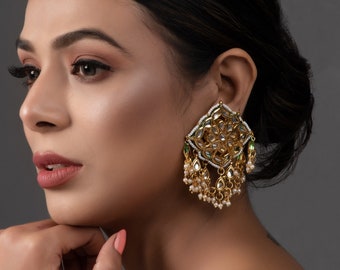 Gold Tone Kundan Inspired Earrings , gold plated kundan chandbali, kundan earrings