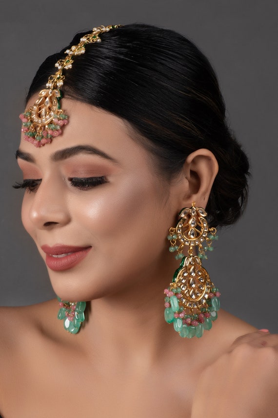 Kundan Chandbali Earring and Maang Tikka Set: Pink, Green, and Gold Ethnic Jewelry