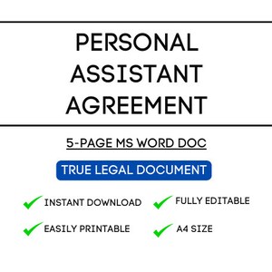 Op de afbeelding: Een zwart-wit afbeelding van een document met de titel "Persoonlijke assistent overeenkomst". Het document is een 5-pagina Microsoft Word-document en wordt beschreven als een "Echt juridisch document". Het document is beschikbaar voor directe download, is volledig bewerkbaar, gemakkelijk te printen en is A4-formaat.