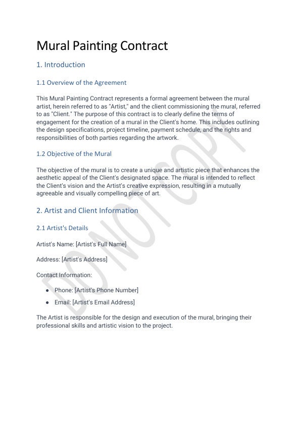 Comprehensive Mural Painting Contract Template - Etsy