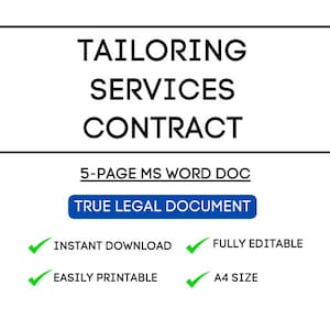 Può includere: Un'immagine in bianco e nero di un documento intitolato "Contratto di servizi di sartoria". Il documento è un documento Microsoft Word di 5 pagine e viene descritto come un "Vero documento legale". Il documento è disponibile per il download immediato, è completamente modificabile, facilmente stampabile ed è di formato A4.