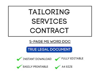 Op de afbeelding: Een zwart-wit afbeelding van een document met de titel "Kledingmaakdienstencontract". Het document is een 5-pagina's Microsoft Word-document en wordt beschreven als een "Echt Juridisch Document". Het document is direct te downloaden, is volledig bewerkbaar, gemakkelijk te printen en is A4-formaat.