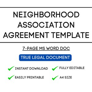 Può includere: Un'immagine in bianco e nero di un modello di documento per un accordo di associazione di quartiere. Il documento è composto da 7 pagine ed è un documento Microsoft Word. Il testo "TRUE LEGAL DOCUMENT" è in un pulsante blu. I testi "INSTANT DOWNLOAD", "FULLY EDITABLE", "EASILY PRINTABLE" e "A4 SIZE" sono in segni di spunta verdi.
