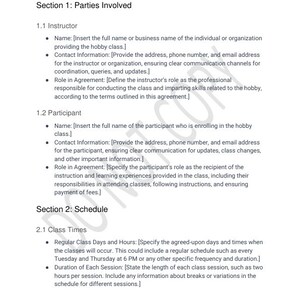 Hobby Class Contract Template for Instructors Etsy
