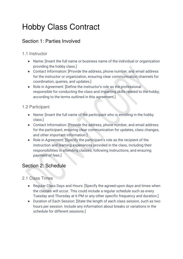 Hobby Class Contract Template for Instructors Etsy