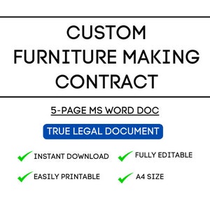 Puede incluir: Una imagen en blanco y negro de un documento titulado "Contrato de fabricación de muebles personalizados". El documento es un documento de Microsoft Word de 5 páginas y se describe como un "Documento legal verdadero". El documento está disponible para descarga instantánea, es totalmente editable, fácil de imprimir y es de tamaño A4.