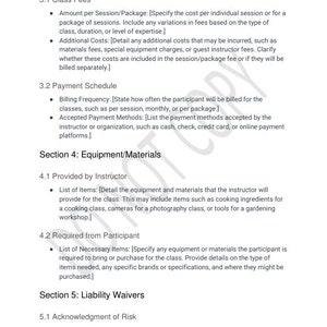 Hobby Class Contract Template for Instructors Etsy