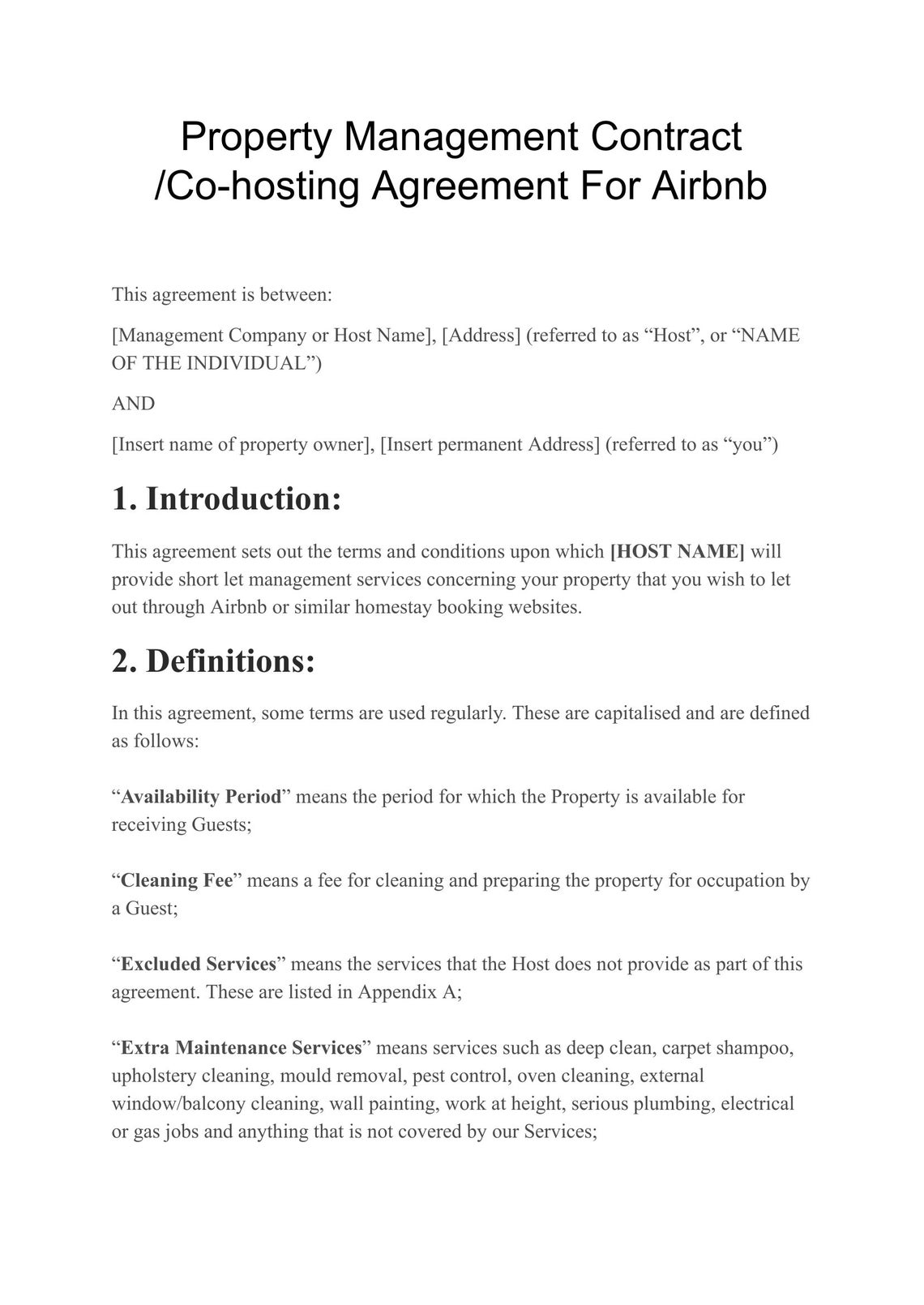 Property Management Contract Template Short Term Reservations Etsy