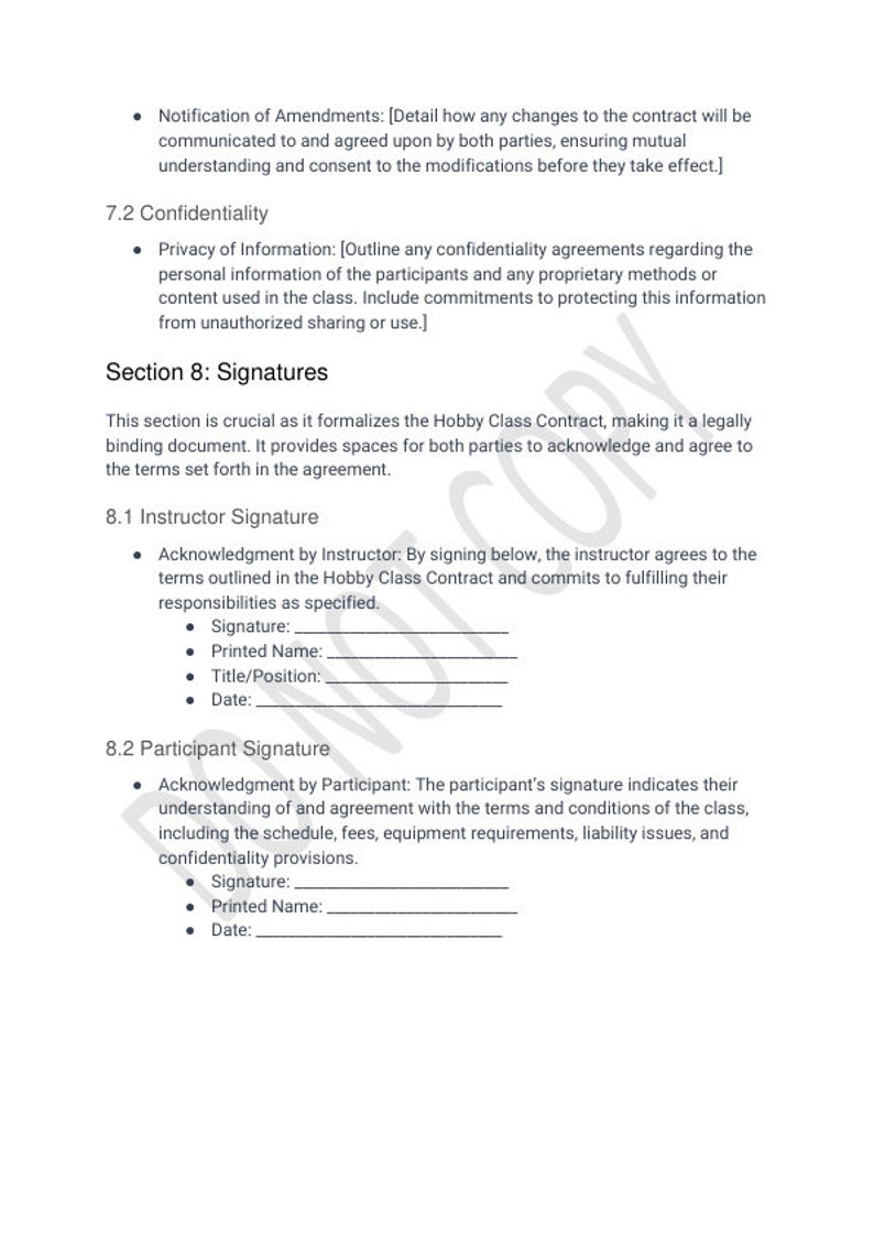 Hobby Class Contract Template for Instructors - Etsy