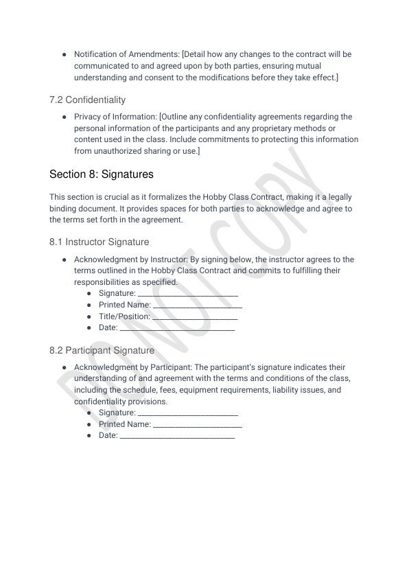 Hobby Class Contract Template for Instructors Etsy