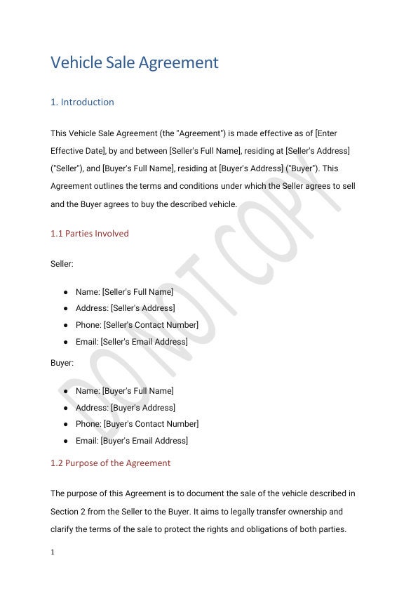 Vehicle Sale Agreement Template – Detailed & User-friendly - Etsy